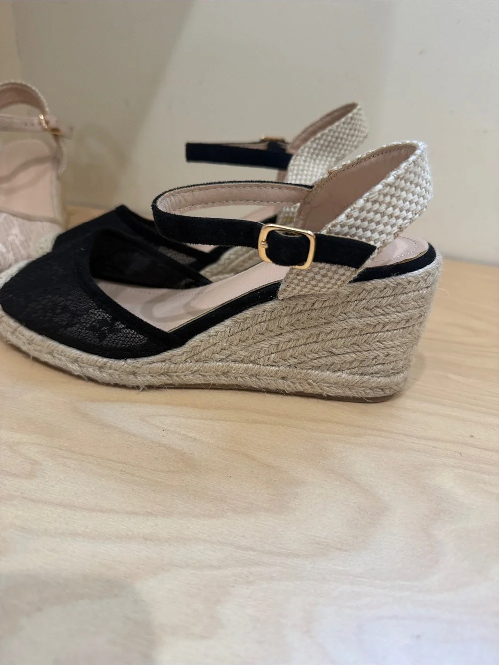 Charles & Keith Lace Espadrille Slingbacks in Beige and Black